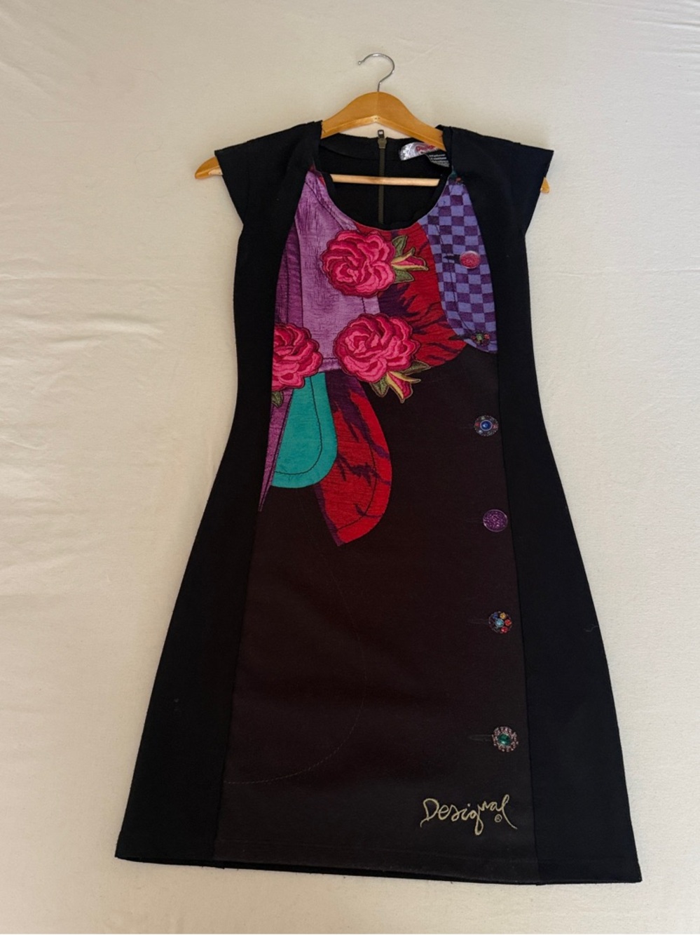 Desigual Black Mini Dress with Pink Roses and Teal Accents
